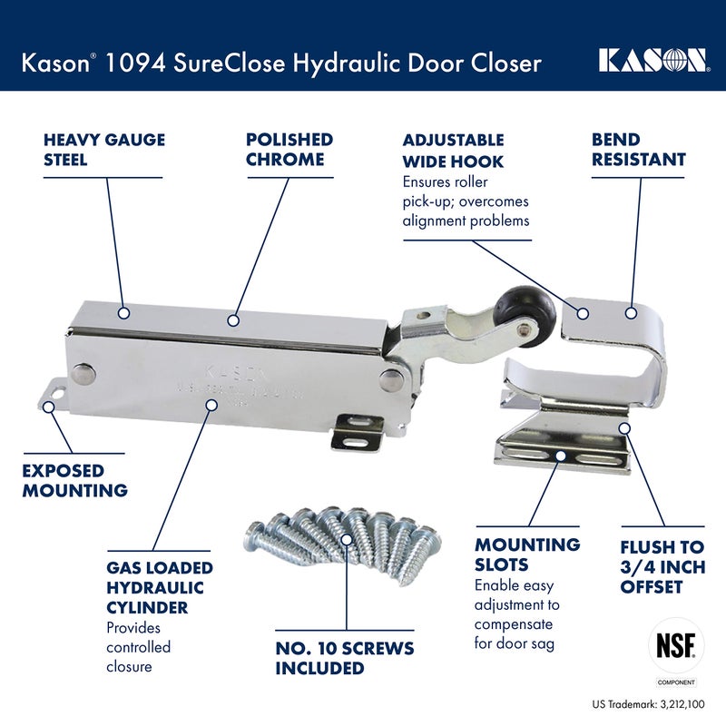 Kason 1094 SureClose Hydraulic Door Closer, Exposed with Flush to 3/4 Inch Hook, 11094000003_11094000026 - Image 2